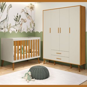Guarda Roupa Infantil 4 Portas 2 Gavetas Isis Areia Acetinado Savana Pés Retrô Quarto de Bebê Reller