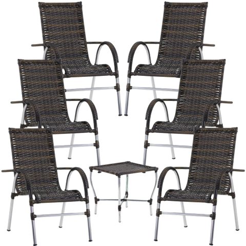 Jogo 6 Cadeiras e Mesa Vênus para Area Externa Chuva Sol Resistente Trama