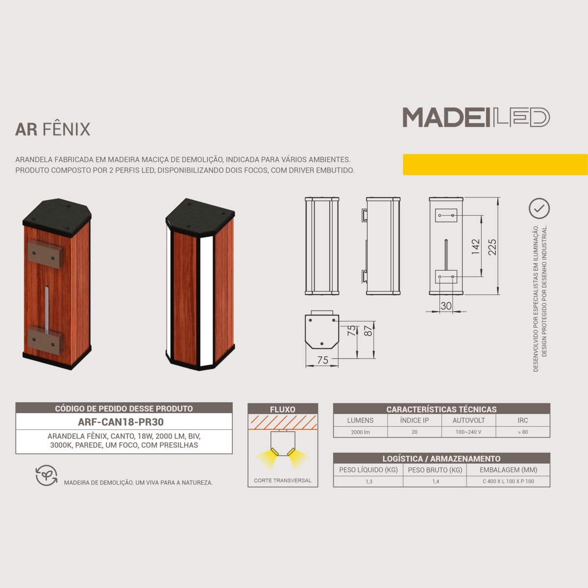 Arandela Led Fênix 18w Madeira Maciça com Dois Focos - 5