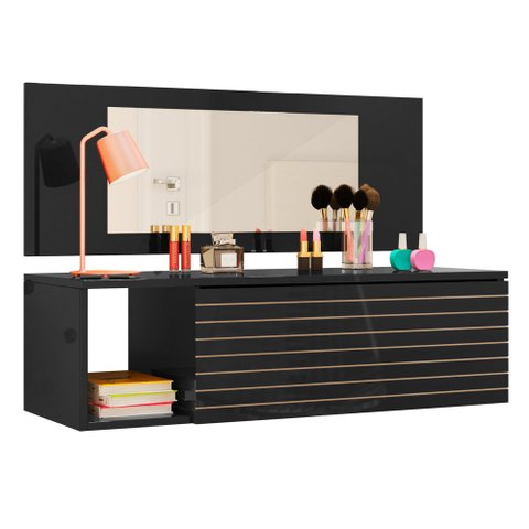 Penteadeira Mesa de Maquiagem Joy Suspensa 01 Gaveta com Espelho Preto - Desk Design Peternella