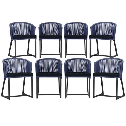 8 Cadeiras de Jantar Área Noronha em Alumínio com Pintura Preta Corda Náutica Estofado 12 Trama Orig