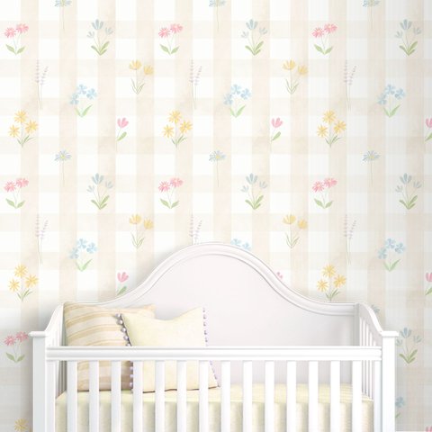 Papel de Parede Adesivo Xadrez Bege Floral Aquarela