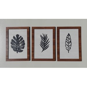 Kit com 3 Quadros Mdf com Moldura Cor Tabaco com Folhas Decorativas