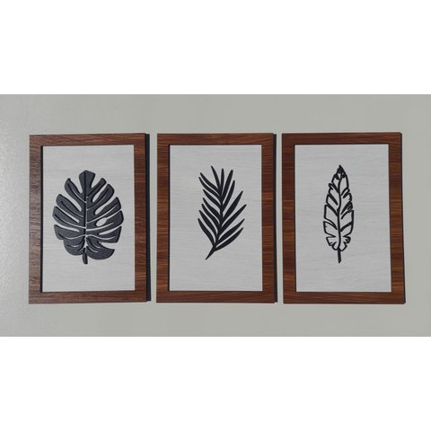 Kit com 3 Quadros Mdf com Moldura Cor Tabaco com Folhas Decorativas