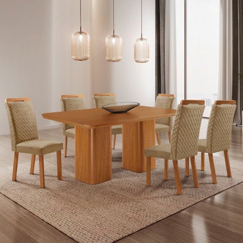 Mesa de Jantar Eloise 180 cm Tampo MDF Laminado Canto Copo com 6 Cadeiras Aline