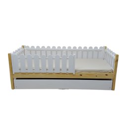 Bicama Solteiro Base Montessoriana Madeira Maciça Pinus - Verniz Incolor + Branco - Grade Cercadinho - 1