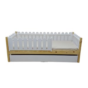 Bicama Solteiro Base Montessoriana Madeira Maciça Pinus - Verniz Incolor + Branco - Grade Cercadinho