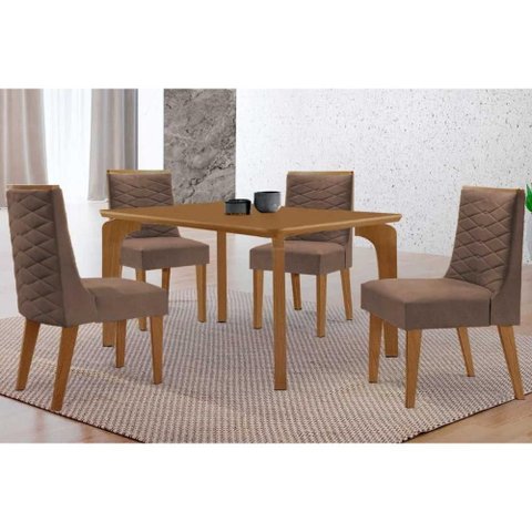 Conjunto: Mesa Sala Jantar Londrina Curvo 120cm + 4 Cadeiras Dafne Naturale - Corano Capuccino