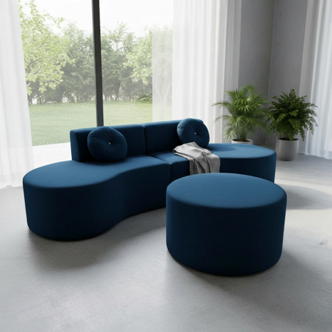 Sofá Modular Orgânico Monterrey 260cm + Puff Bouclé Azul Marinho
