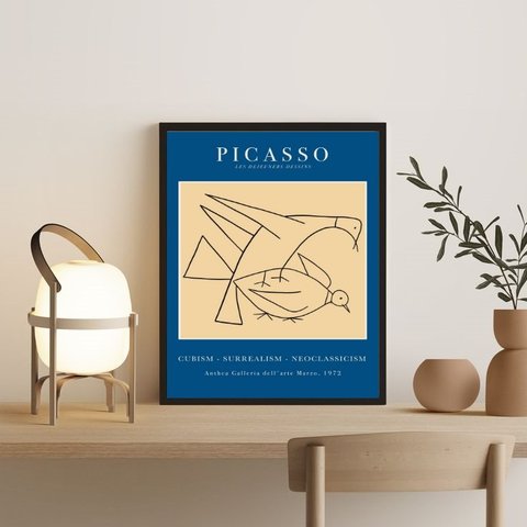 Quadro Poster Picasso Minimalista Azul pássaros 24x18cm:madeira Preta