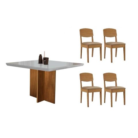 Conjunto: Mesa de Cozinha Berlim Curvo 90cm + 4 Cadeiras Havana Naturale/Off White - Corano