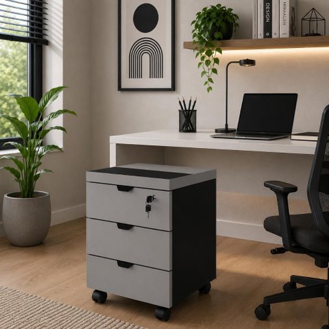 Gaveteiro Móvel Escritório 40cm x 50cm 3 Gavetas Chave e Rodízios F5 Office Cor:Cinza Sagrado com