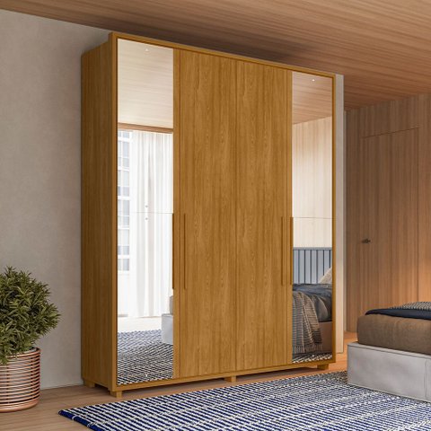 Guarda-Roupa Casal 4 Portas 3 Gavetas 100% MDF com Espelhos e Pés Greco Marrom/Cumaru