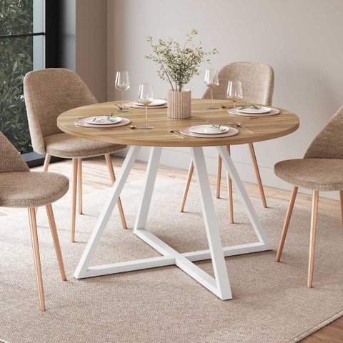 Mesa Jantar Redonda Industrial 4 Lugares 110cm C/ Pés em Aço Cor:nogal com Branco