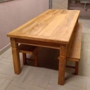 Conjunto Mesa e 2 Bancos Rústicos Made Wood de 8 a 10 Lugares