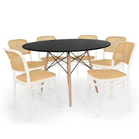 Conjunto Mesa de Jantar Redonda Eiffel Preta 120cm + 6 Cadeiras Roma - Branco