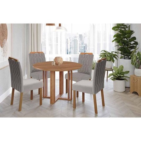 Sala de Jantar Completa Flora Tampo Madeirado 109cm e 4 Cadeiras Paola Cinamomo - Carvalho/linho