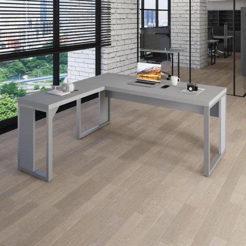 Mesa L Escritório Industrial 1,50m X 0,70m Pés Metal F5 Cor:cinza