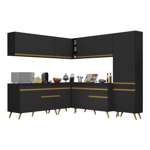 Armário de Cozinha Completa de Canto Veneza Multimóveis V2067 Preto/Dourado