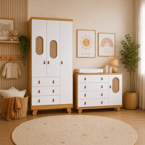 Kit Quarto Guarda Roupa c/ Cômoda Pingo Tela Branco Amêndoa