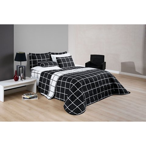 Conjunto Cama Casal King Size Xadrez 200 Fios Dupla Face Toque de Seda