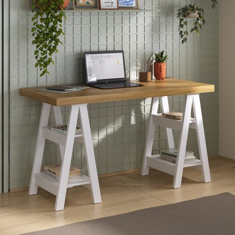 Escrivaninha Mesa Escritório Moderna com Pés Cavalete em Tamburato Art 135cm Olmo E Branca
