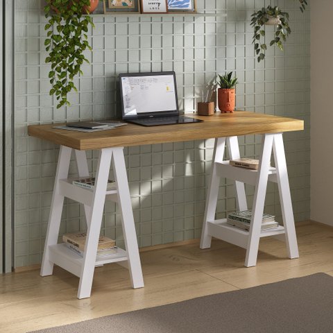 Escrivaninha Mesa Escritório Moderna com Pés Cavalete em Tamburato Art 135cm Olmo E Branca