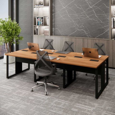 Mesa de Escritório Plataforma 6 Pessoas 2,70m Nog Pés Metal Cor:nogal com Preto