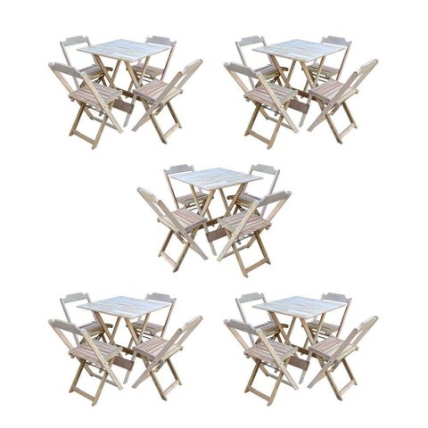 Kit 5 Conjuntos De Mesa Dobravel Com 4 Cadeiras De Madeira 70X70 Para Restaurante E Bar - Sem Pintur