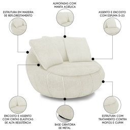 Poltrona Decorativa Redonda Giratória com Almofadas Saphire M22 Bouclê Cru - Mpozenato - 3