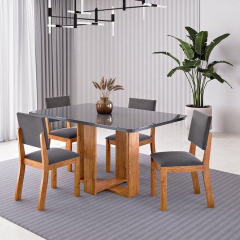 Conjunto Sala de Jantar 4 Lugares Talk com Tampo de Vidro Cinza