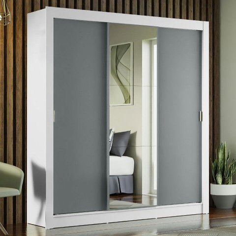 Guarda-roupa Casal Mônaco 3 Portas Com Espelho Branco/Cinza