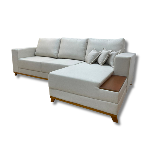Sofá 3 Lugares 2,50 M Linho Bege Chaise Aline Plus