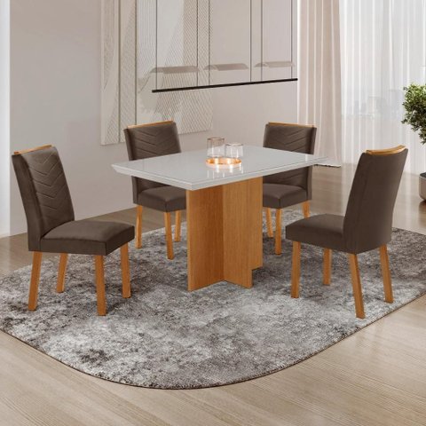Conjunto Mesa de Jantar 120cm com 4 Cadeiras Estofadas Multimóveis Crrft-CON041 Madeirado/Off White