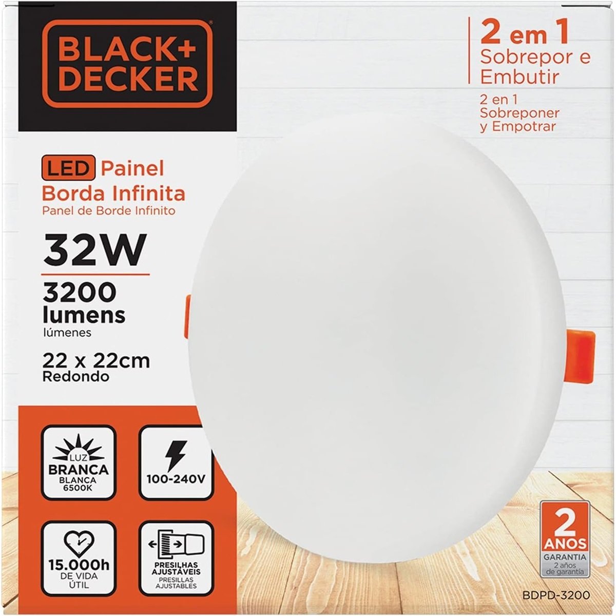 Painel Led 2x1 17w Borda Infinita Redondo 3000k 100-240v Black+decker - 4