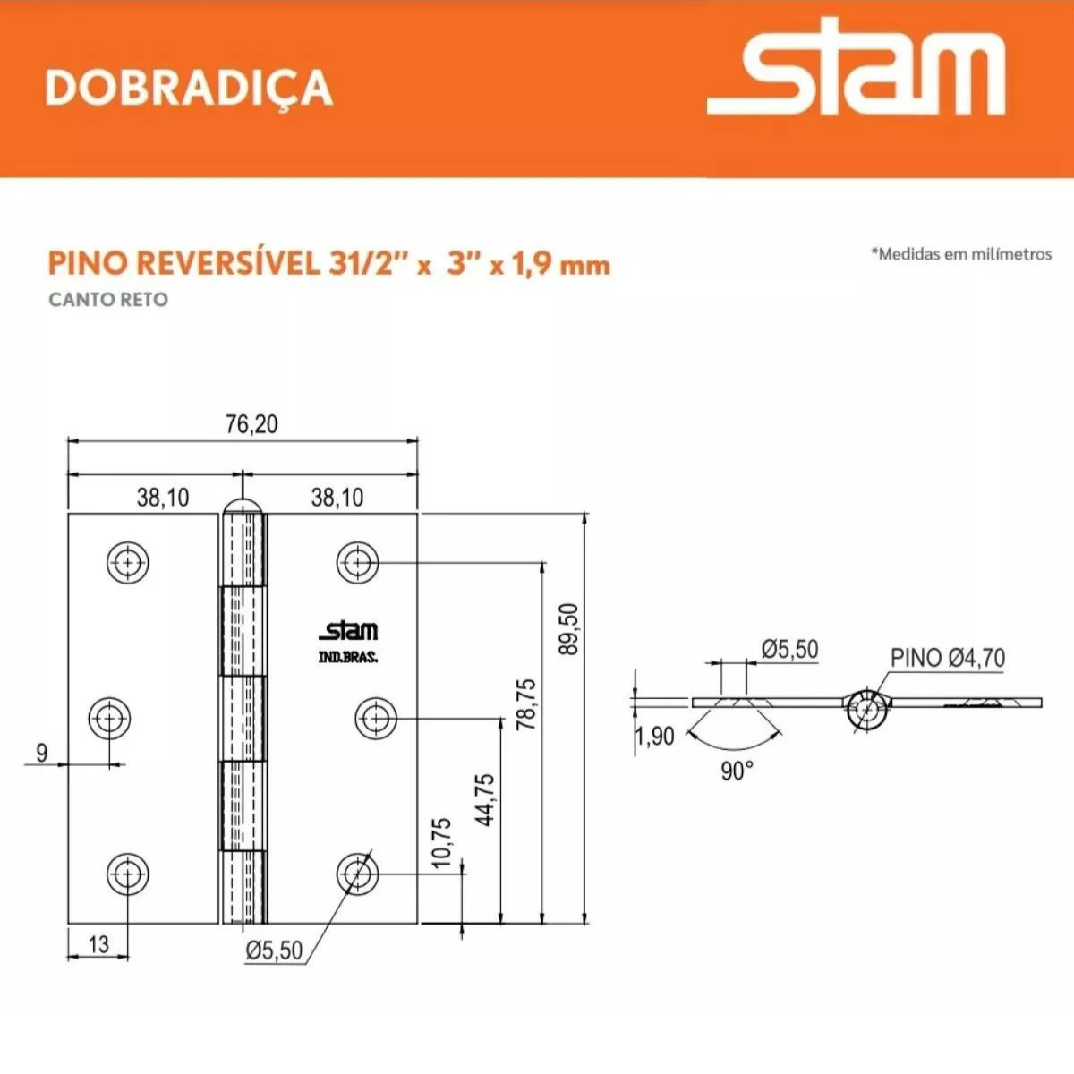 Dobradiça Pino Reversível 3½ X 3 X 1,9 Mm Galvanizado Stam - 2