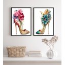 Ver imagem 1 de Kit 2 Quadros Sapatos de Salto com Flores 45x34cm - com Vidro:madeira Branca