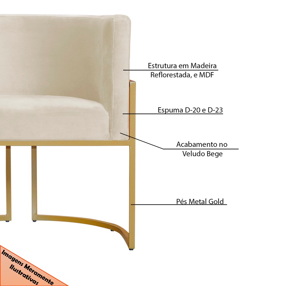 Poltrona Decorativa Sala de Estar Luana Base Gold Veludo Bege - Montanaris Decor Md Montanaris Decor - 5