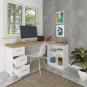 Ver imagem 5 de Escrivaninha Mesa Escritório e Home Office em L e 3 Gavetas 3 Nichos 154cm Olmo e Branca Artany