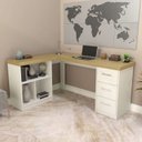 Ver imagem 1 de Escrivaninha Mesa Escritório e Home Office em L e 3 Gavetas 3 Nichos 154cm Olmo e Branca Artany