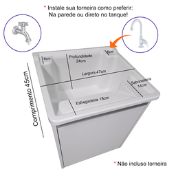 Tanque Lavanderia 26l Gabinete Mdf Suspenso Suporte Torneira de Bancada - 5