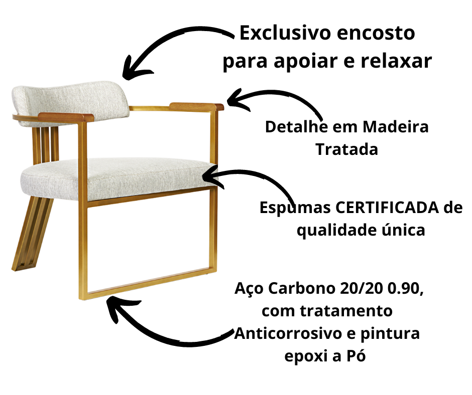 Kit 02 Poltronas Oregon Braço Madeira Linho Bege Estrutura Dourado - 6