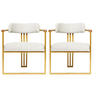 Kit 02 Poltronas Oregon Braço Madeira Linho Bege Estrutura Dourado