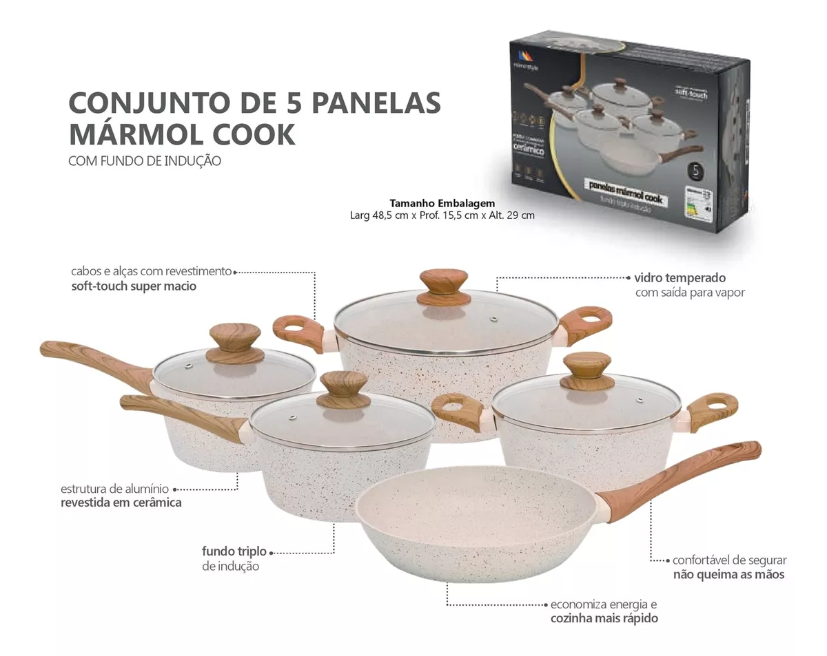 Conjunto De Panelas Ceramica Antiaderente Fundo Triplo Indução Com Tampa De Vidro Mimo Style Linha M - 2