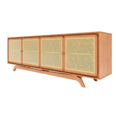 Balcão Buffet Ricco 220 Cm Laminado 4 Portas com Palhinha Amêndoa