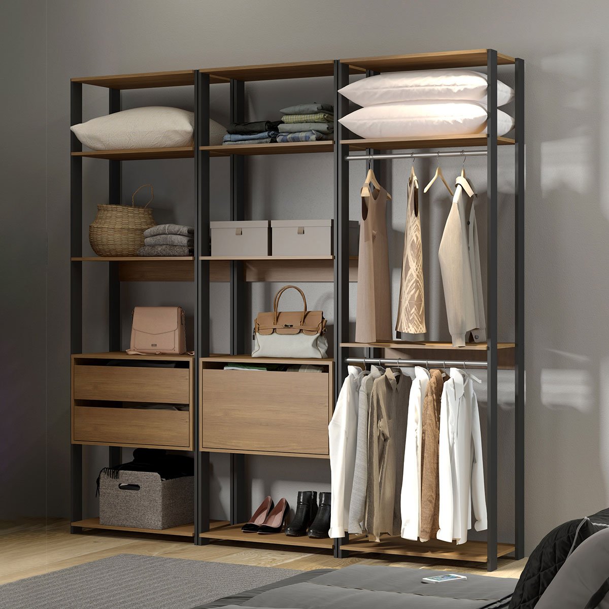 Guarda Roupa Aberto Modulado Estilo Industrial Carvalho Cinza - MENU
