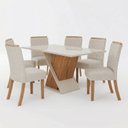 Ver imagem 2 de Conjunto Sala de Jantar Mesa com Vidro 6 Cadeiras Solus Off White/Nature/Linho