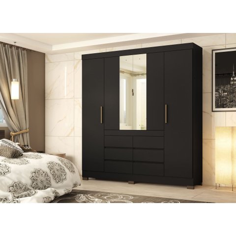 Guarda-roupa Casal 4 Portas Cádis com Espelho 2 Gavetas Preto Prime Tx/amêndola Touch | 217cm | Mdp