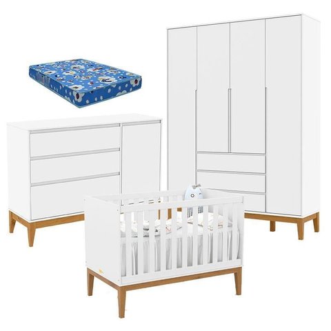 Quarto de Bebê Nature Clean 4 Portas com Berço Unique Branco Soft Eco Wood e Colchão Ortobom –