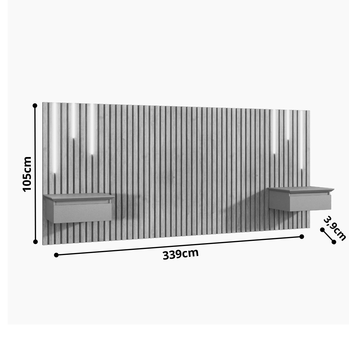 Cabeceira Paris King size Ripada com 2 mesas de Cabeceiras 3,39m Com Led: Naturalle / Off White - 3